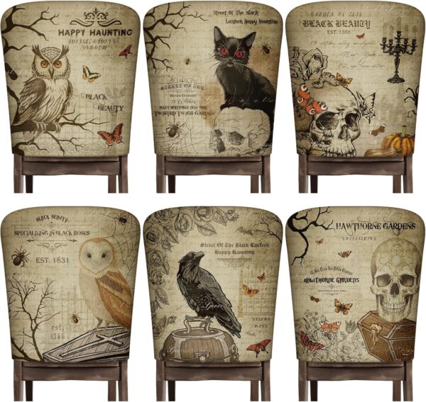 Moukeren 6 Pcs Gothic Chair Cover Set Gothic Halloween Decor Stretch Dining Chair Back Covers Skeleton Black Cat Bat Owl Seat Covers Horror Home Farmhouse Dining Seat Protector for Kitchen Decor 1