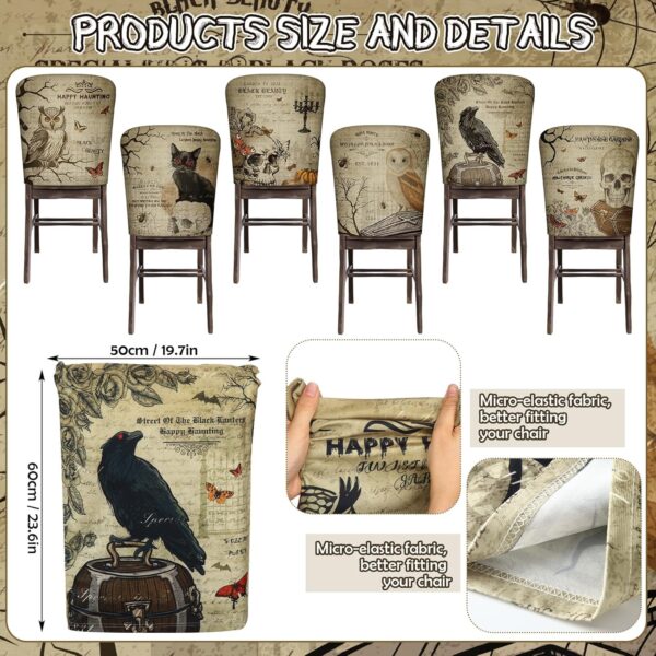 Moukeren 6 Pcs Gothic Chair Cover Set Gothic Halloween Decor Stretch Dining Chair Back Covers Skeleton Black Cat Bat Owl Seat Covers Horror Home Farmhouse Dining Seat Protector for Kitchen Decor 2