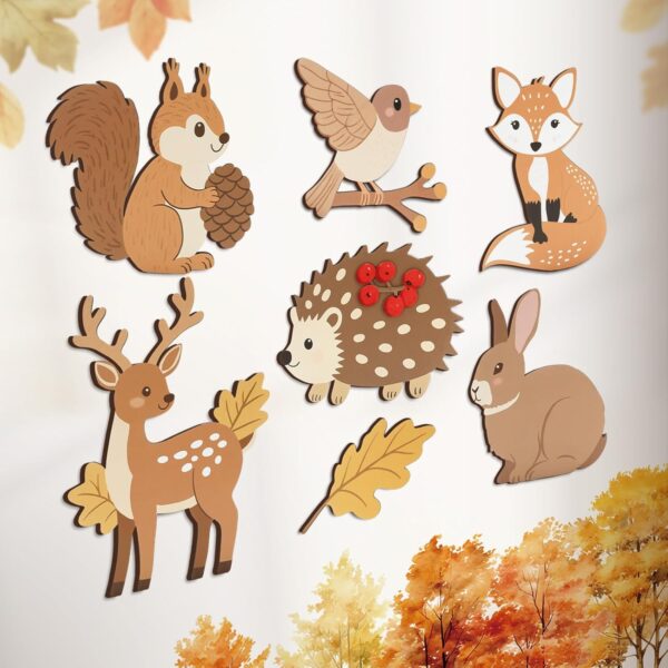 JarThenaAMCS 7 Pcs Fall Woodland Wall Decor Autumn Forest Animal Jungle Theme Hanging Wood Ornament Cute Safari Wall Art Sign Carved for Home Living Room Bedroom Nursery Farmhouse Thanksgiving Decor 1