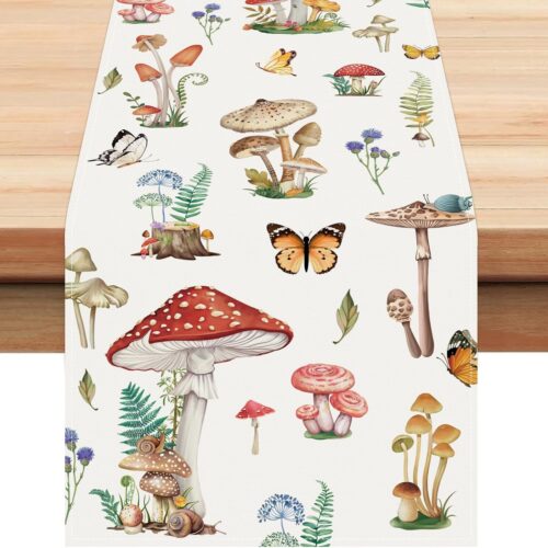 WF11141MAX_1 Bonhause Mushroom Wildflowers Table Runner 13x90 Inch Butterfly Green Leaves Botanical Seasonal Spring Summer Kitchen Dinning Table Decoration for Indoor Outdoor Home Party Decor