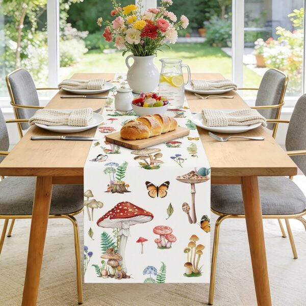 Bonhause Mushroom Wildflowers Table Runner 13x90 Inch Butterfly Green Leaves Botanical Seasonal Spring Summer Kitchen Dinning Table Decoration for Indoor Outdoor Home Party Decor 2