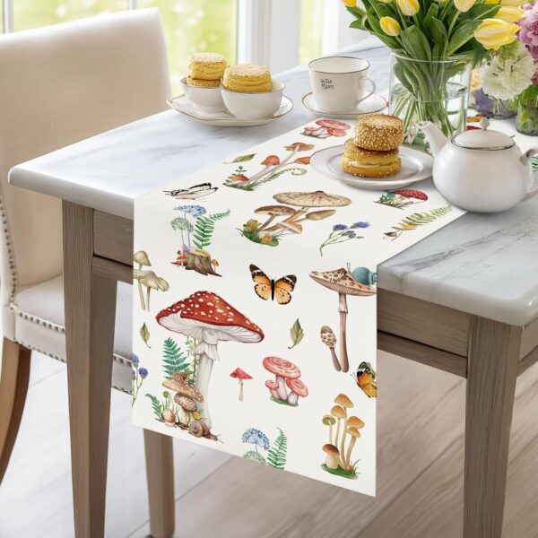 Bonhause Mushroom Wildflowers Table Runner 13x90 Inch Butterfly Green Leaves Botanical Seasonal Spring Summer Kitchen Dinning Table Decoration for Indoor Outdoor Home Party Decor 3