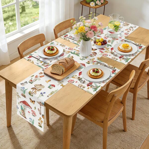 Bonhause Mushroom Wildflowers Table Runner 13x90 Inch Butterfly Green Leaves Botanical Seasonal Spring Summer Kitchen Dinning Table Decoration for Indoor Outdoor Home Party Decor 4