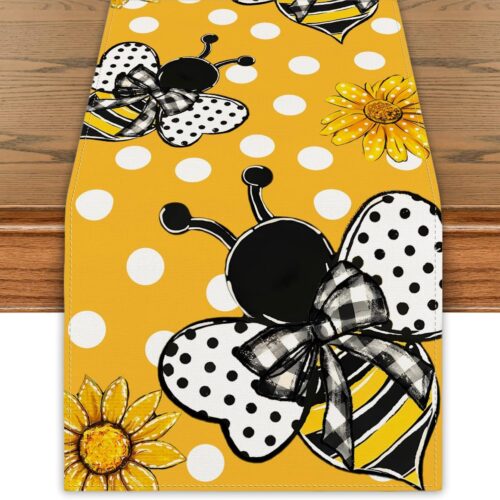 Summer Decorations Sunflower Table Runner Spring Summer Floral Bee Table Cover Summer Sunflower Decor Spring Summer Decorations for Home Party