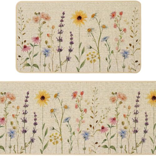 WF11339MAX_1 Baccessor Summer Floral Kitchen Mats Set of 2, Vintage Sunflower Daisy Kitchen Rugs Low-Profile Non-Slip Absorbent Floor Mat 17x29 and 17x47 Inch Home Farmhouse Seasonal Decor