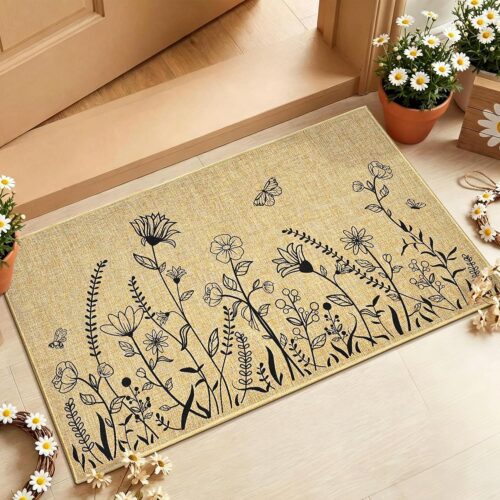 WF11430MAX_1 Flower Mat for Front Door Wildflower Doormat for Outside Entrance Black Outdoor Indoor Floral Welcome Rugs Non-Slip Low Profile Floor Enter Mats for Patio Living Room Bedroom Kitchen Home Decoration