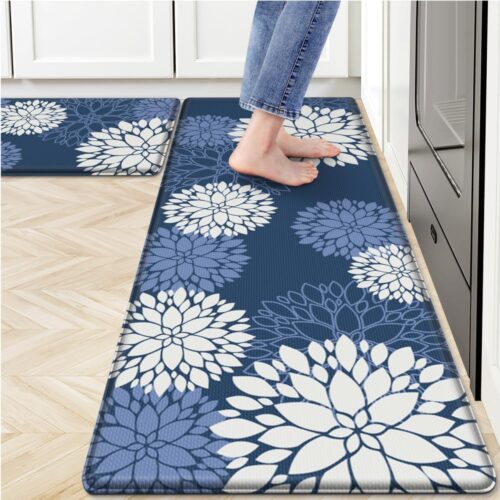 WF11642MAX_1 Kitchen Mats 2 Piece Set, Anti Fatigue Non Slip Cushioned Floor Rugs, Blue | Water-Absorbent Pads, Washable Standing Mat for Kitchen, Laundry, Office, Apartment, Home Decor 17.3"×47"+17.3"×30"