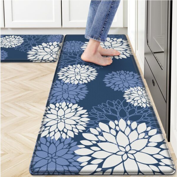 Kitchen Mats 2 Piece Set, Anti Fatigue Non Slip Cushioned Floor Rugs, Blue | Water-Absorbent Pads, Washable Standing Mat for Kitchen, Laundry, Office, Apartment, Home Decor 17.3"×47"+17.3"×30" 1