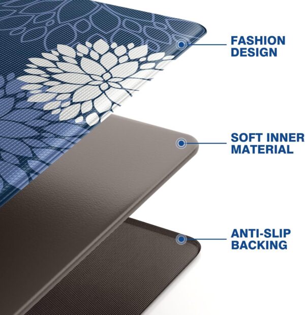 Kitchen Mats 2 Piece Set, Anti Fatigue Non Slip Cushioned Floor Rugs, Blue | Water-Absorbent Pads, Washable Standing Mat for Kitchen, Laundry, Office, Apartment, Home Decor 17.3"×47"+17.3"×30" 3