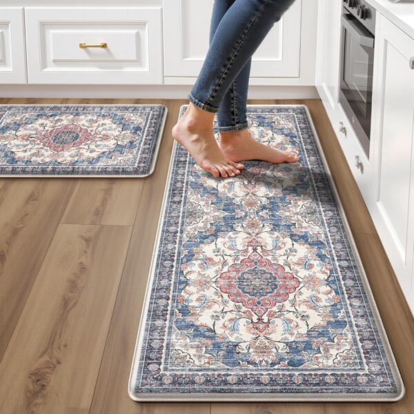 Boho Kitchen Mats for Floor 2 Piece Set Anti Fatigue Cushioned PVC Kitchen Rugs Non Slip Waterproof Farmhouse Mats 2/5 Inch Comfort Standing Mat for Sink, Laundry, 17.3"x47"+17.3"x28", Retro Blue 1