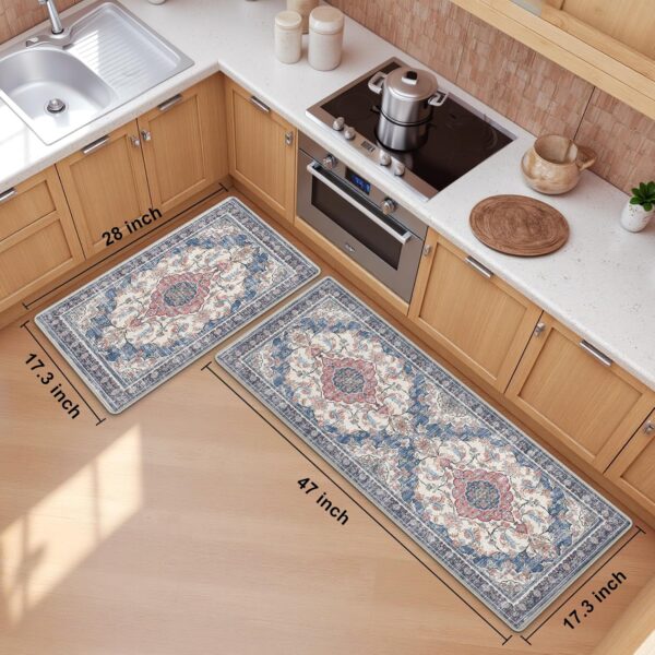 Boho Kitchen Mats for Floor 2 Piece Set Anti Fatigue Cushioned PVC Kitchen Rugs Non Slip Waterproof Farmhouse Mats 2/5 Inch Comfort Standing Mat for Sink, Laundry, 17.3"x47"+17.3"x28", Retro Blue 2