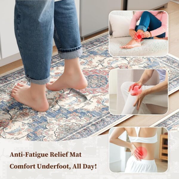Boho Kitchen Mats for Floor 2 Piece Set Anti Fatigue Cushioned PVC Kitchen Rugs Non Slip Waterproof Farmhouse Mats 2/5 Inch Comfort Standing Mat for Sink, Laundry, 17.3"x47"+17.3"x28", Retro Blue 3