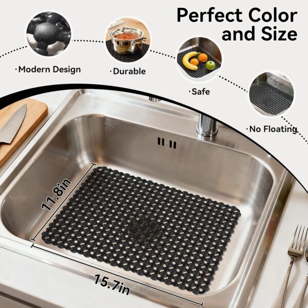 Kitchen Sink Mat for Stainless Steel Ceramic Sinks, PVC Sink Protectors Mats for Bottom of Kitchen Sink, Dishes and Glassware Drain Mats, Durable and Fast Draining, Black 15.7 x 11.8 inch 2