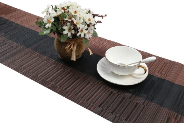 SHACOS Table Runners Woven Vinyl Table Mats 12x71 inch for Kitchen Dining Table Non Slip Washable, Ombre Coffee Black 3