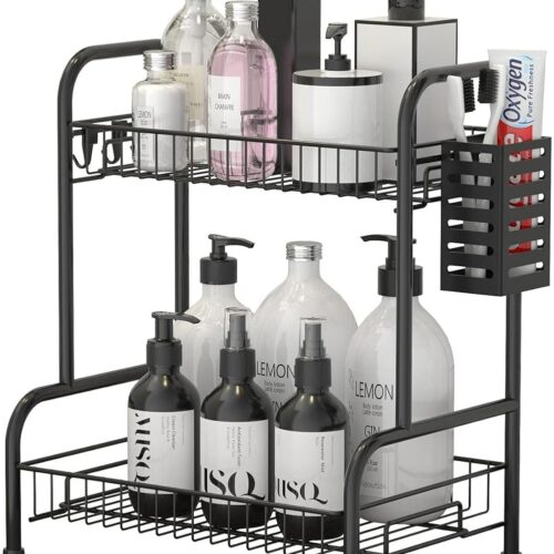 WF1188MAX_1 Bathroom Countertop Organizer With Toiletries Basket, 2 Tier Bathroom Counter Storage Rack with Adjustable Feetpad, No-Screw Caddy Stand for Vanity, Sturdy Metal Wire Black, Medium 12.8''L x 7.2''W