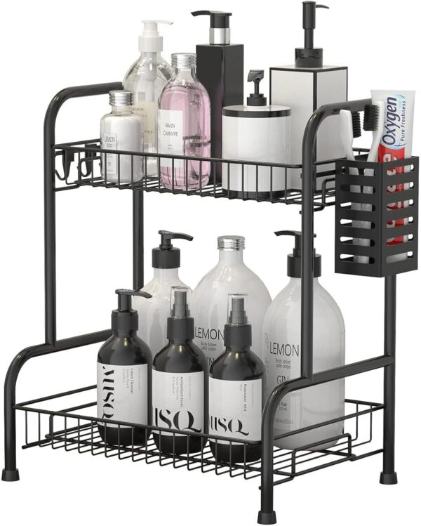 Bathroom Countertop Organizer With Toiletries Basket, 2 Tier Bathroom Counter Storage Rack with Adjustable Feetpad, No-Screw Caddy Stand for Vanity, Sturdy Metal Wire Black, Medium 12.8''L x 7.2''W 1