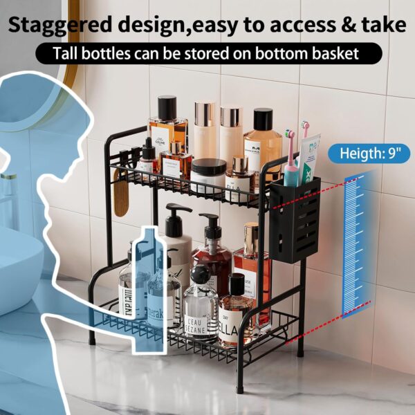 Bathroom Countertop Organizer With Toiletries Basket, 2 Tier Bathroom Counter Storage Rack with Adjustable Feetpad, No-Screw Caddy Stand for Vanity, Sturdy Metal Wire Black, Medium 12.8''L x 7.2''W 2