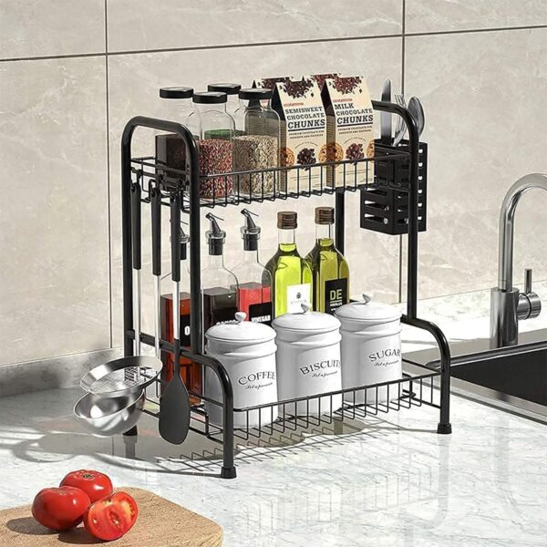 Bathroom Countertop Organizer With Toiletries Basket, 2 Tier Bathroom Counter Storage Rack with Adjustable Feetpad, No-Screw Caddy Stand for Vanity, Sturdy Metal Wire Black, Medium 12.8''L x 7.2''W 3