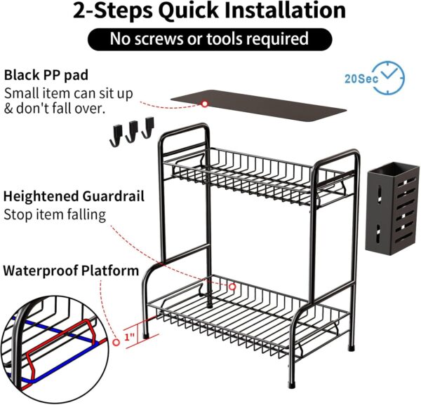 Bathroom Countertop Organizer With Toiletries Basket, 2 Tier Bathroom Counter Storage Rack with Adjustable Feetpad, No-Screw Caddy Stand for Vanity, Sturdy Metal Wire Black, Medium 12.8''L x 7.2''W 4