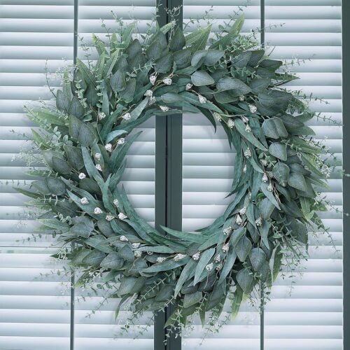WF12214MAX_1 32" Large Artificial Eucalyptus Wreath with Seeds for Front Door(Green) | 3 Different Shape of Eucalyptus Leaves, Realistic Fake Wreath, for Window/Farmhouse/Porch/Home/Holiday/Wall/Outdoor Decor