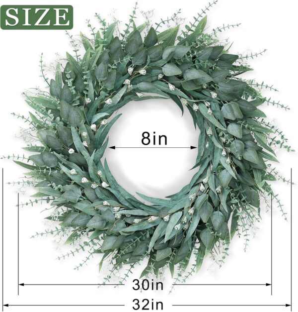 32" Large Artificial Eucalyptus Wreath with Seeds for Front Door(Green) | 3 Different Shape of Eucalyptus Leaves, Realistic Fake Wreath, for Window/Farmhouse/Porch/Home/Holiday/Wall/Outdoor Decor 2