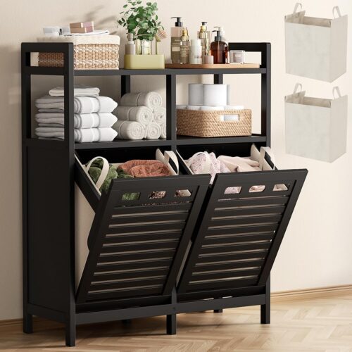WF12421MAX_1 Homykic Tilt Out Laundry Hamper Cabinet, Bamboo Double Laundry Hamper with 2 Removable Laundry Baskets, 20 Gal Laundry Sorter Organizer with Shelf for Dirty Clothes, Bathroom, Laundry Room, Black