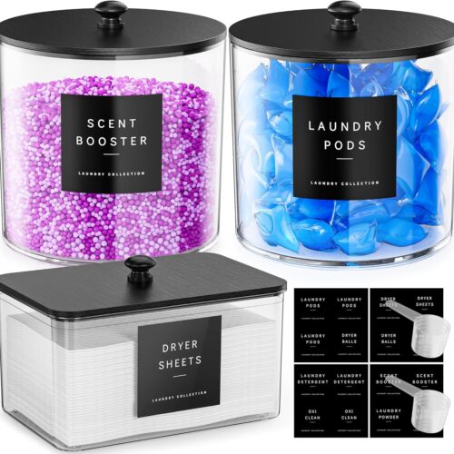 WF12440MAX_1 galasily 3 Pack Laundry Pods Container, Clear Laundry Room Organization Containers,Large Acrylic Detergent Powder Storage Containers Black Wooden Lids & Labels, Dryer Sheet Holder