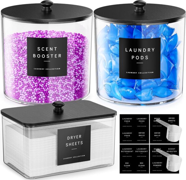 galasily 3 Pack Laundry Pods Container, Clear Laundry Room Organization Containers,Large Acrylic Detergent Powder Storage Containers Black Wooden Lids & Labels, Dryer Sheet Holder 1