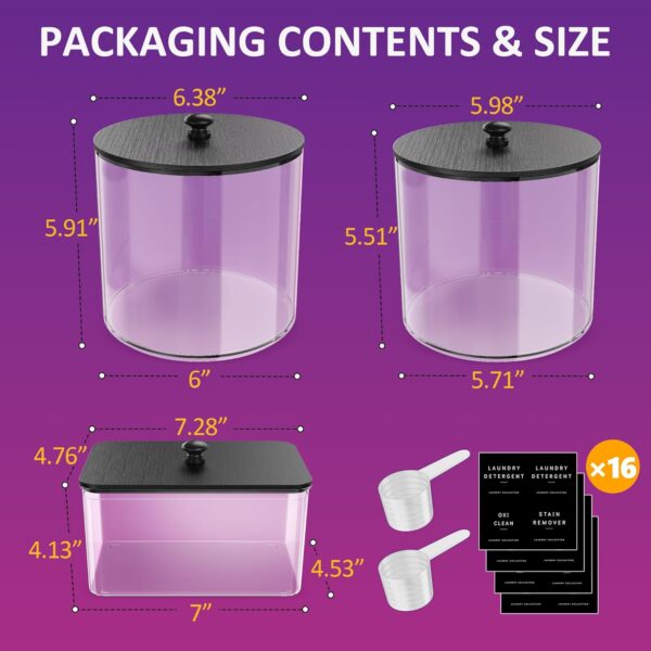 galasily 3 Pack Laundry Pods Container, Clear Laundry Room Organization Containers,Large Acrylic Detergent Powder Storage Containers Black Wooden Lids & Labels, Dryer Sheet Holder 2