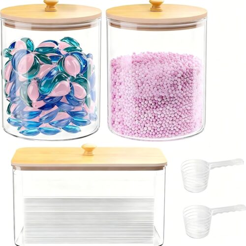 WF12441MAX_1 2+1 Pack Glass Laundry Pods Container & Acrylic Dryer Sheet Holder, Clear Laundry Room Organization Containers with Bamboo Lids & Labels, Powder Laundry Detergent Container for Scent Booster, Powder