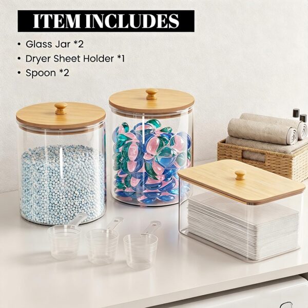 2+1 Pack Glass Laundry Pods Container & Acrylic Dryer Sheet Holder, Clear Laundry Room Organization Containers with Bamboo Lids & Labels, Powder Laundry Detergent Container for Scent Booster, Powder 4