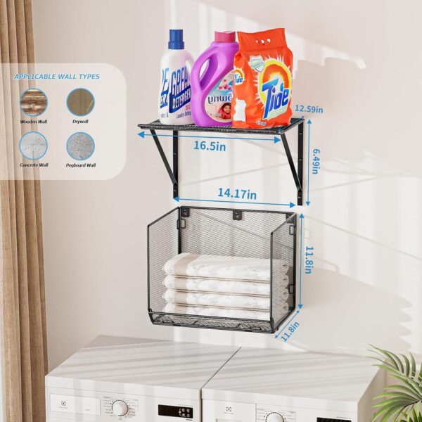 2 Pack Laundry Room Shelves Organization and Storage,Wall Mounted Clothes Drying Rack with Wire Mesh Basket Over Washer and Dryer, (Black, 2 Pack) 2