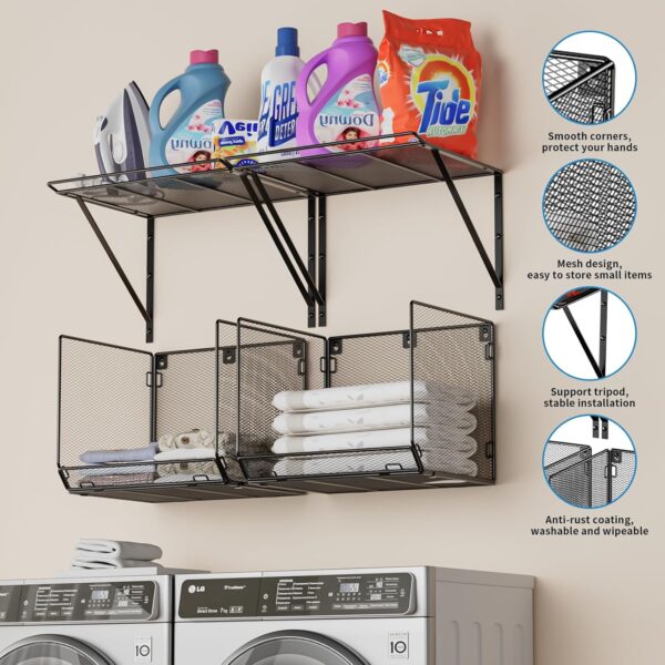 2 Pack Laundry Room Shelves Organization and Storage,Wall Mounted Clothes Drying Rack with Wire Mesh Basket Over Washer and Dryer, (Black, 2 Pack) 3