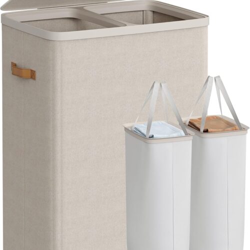 WF12457MAX_1 SONGMICS Laundry Basket, 44.9 Gal. Laundry Hamper, 2 Compartments, Easy Assembly, with Lid and Handles, Removable Liners, 22 x 15.7 x 29.5 Inches, Cappuccino Beige ULCB813L01
