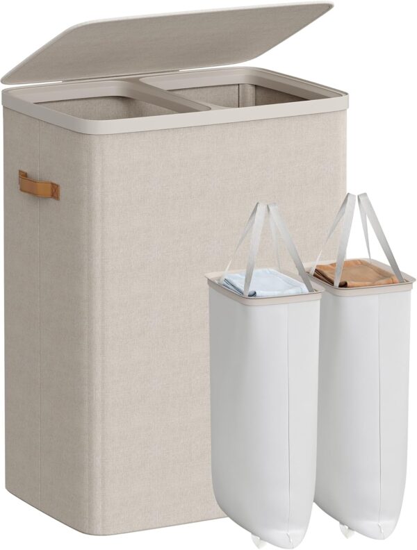 SONGMICS Laundry Basket, 44.9 Gal. Laundry Hamper, 2 Compartments, Easy Assembly, with Lid and Handles, Removable Liners, 22 x 15.7 x 29.5 Inches, Cappuccino Beige ULCB813L01 1