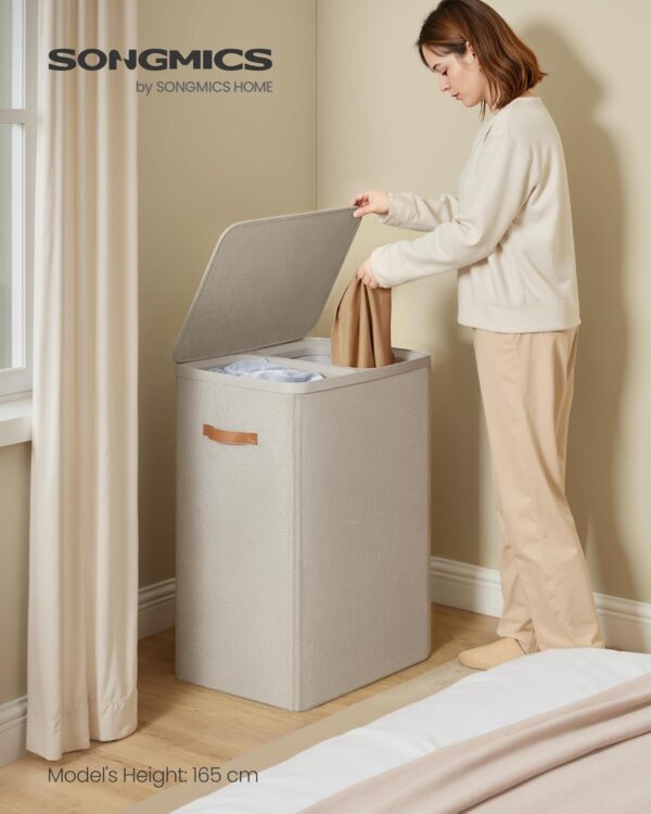 SONGMICS Laundry Basket, 44.9 Gal. Laundry Hamper, 2 Compartments, Easy Assembly, with Lid and Handles, Removable Liners, 22 x 15.7 x 29.5 Inches, Cappuccino Beige ULCB813L01 2
