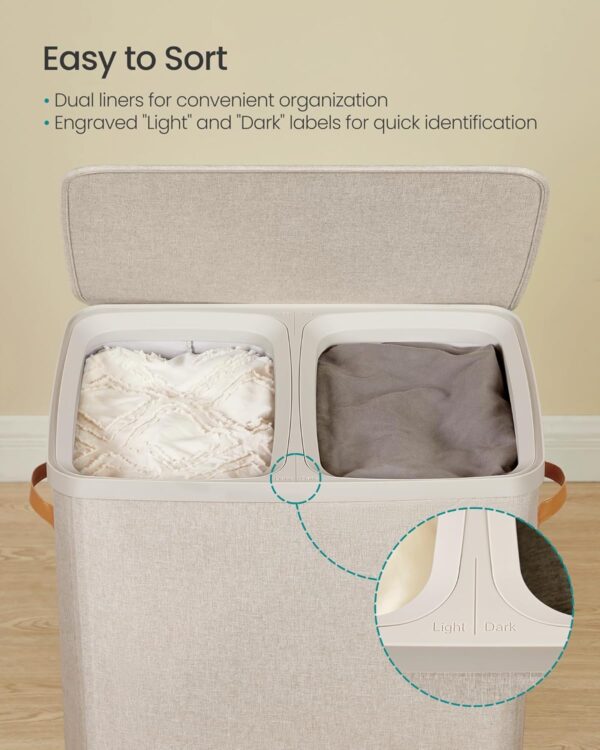SONGMICS Laundry Basket, 44.9 Gal. Laundry Hamper, 2 Compartments, Easy Assembly, with Lid and Handles, Removable Liners, 22 x 15.7 x 29.5 Inches, Cappuccino Beige ULCB813L01 3