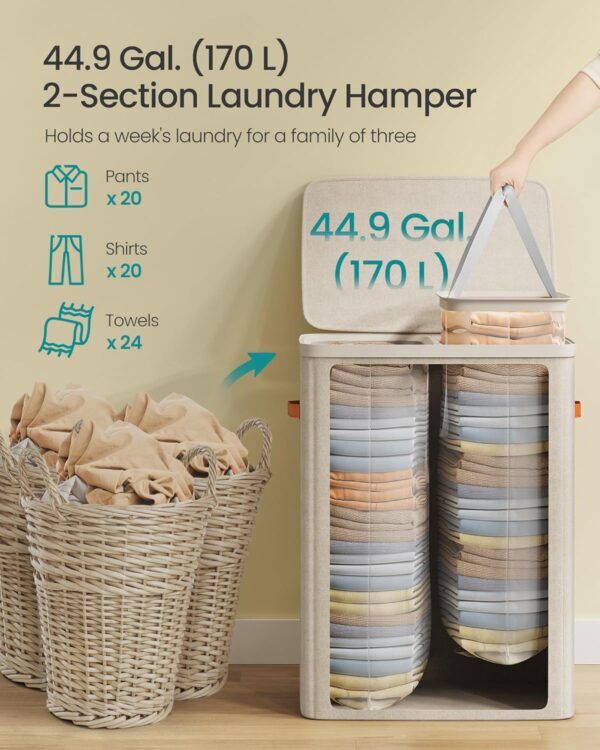 SONGMICS Laundry Basket, 44.9 Gal. Laundry Hamper, 2 Compartments, Easy Assembly, with Lid and Handles, Removable Liners, 22 x 15.7 x 29.5 Inches, Cappuccino Beige ULCB813L01 4