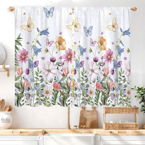 WF12550MAX_1 Watercolor Floral Spring Colorful Flower Kitchen Curtains 27.5W X 39L Inch 2 Panels Wildflower Summer Butterfly Small Cafe Tier Short Morning Glory Window Treatment Drapes Bathroom Home Decor