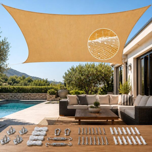 Quictent Waterproof Sun Shade Sail for Patios 185G Polyester Fabric Cloth, 98% UV Block Outdoor Awning Shelter for Commercial, Backyard, Garden, Deck, Hardware Kit Included, Sand 20x16 ft 1