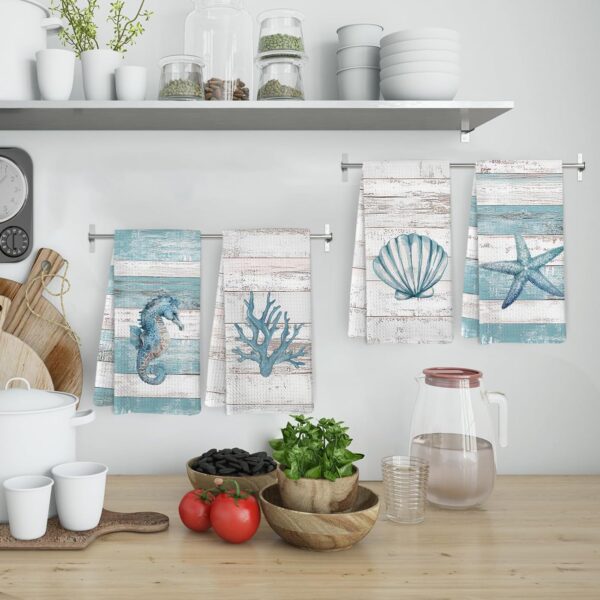 Beach Coastal Kitchen Towels and Dishcloths Set of 4, Lake House Nautical Beachy Dish Towels, Starfish Seahorses Coral Seashell Decorative Hand Tea Towel for Bathroom Kitchen, 16x24 Inches 2