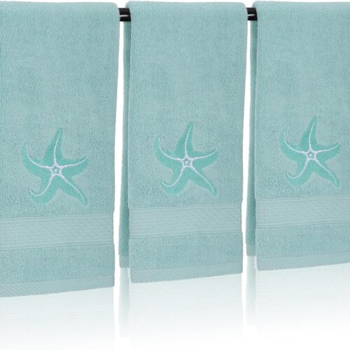 WF12955MAX_1 3 Pack Coastal Hand Towels for Bathroom 100% Cotton Embroidered Beach Bathroom Towels 13.4 x 29'' Starfish Blue Finger Towel Nautical Decorative Towel Gift for Summer Holiday