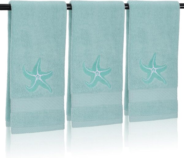 3 Pack Coastal Hand Towels for Bathroom 100% Cotton Embroidered Beach Bathroom Towels 13.4 x 29'' Starfish Blue Finger Towel Nautical Decorative Towel Gift for Summer Holiday 1
