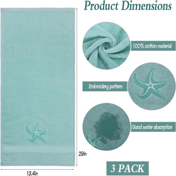 3 Pack Coastal Hand Towels for Bathroom 100% Cotton Embroidered Beach Bathroom Towels 13.4 x 29'' Starfish Blue Finger Towel Nautical Decorative Towel Gift for Summer Holiday 2