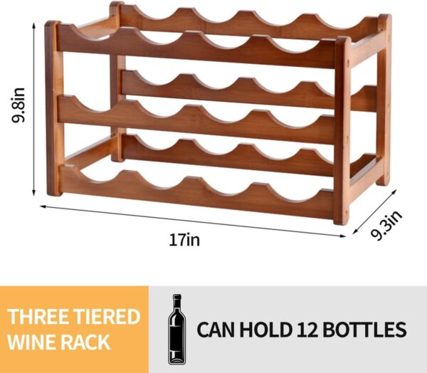 Wine Rack Countertop, 12 Bottle Wine Racks for Wine Bottles Storage Display, 3 Tier Wooden Wine Rack Free Standing Floor 2