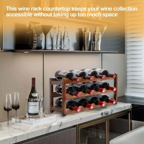 Wine Rack Countertop, 12 Bottle Wine Racks for Wine Bottles Storage Display, 3 Tier Wooden Wine Rack Free Standing Floor 4