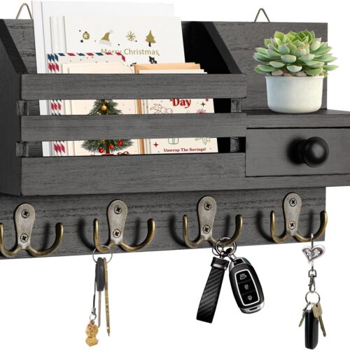 Key Holder Wall Mount, Wooden Key and Mail Organizer, Black | 2 Mount Options, Includes 8 Hooks, Fence Mail Slot, Small Drawer and Shelf, for Entryway, Hallway, Doorway, Living Room, RV