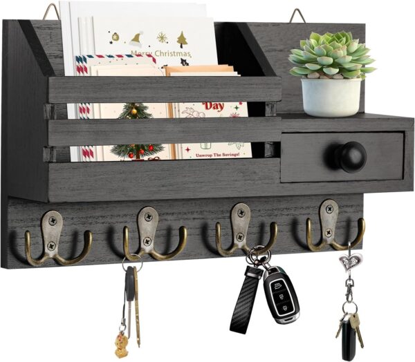 Key Holder Wall Mount, Wooden Key and Mail Organizer, Black | 2 Mount Options, Includes 8 Hooks, Fence Mail Slot, Small Drawer and Shelf, for Entryway, Hallway, Doorway, Living Room, RV 1