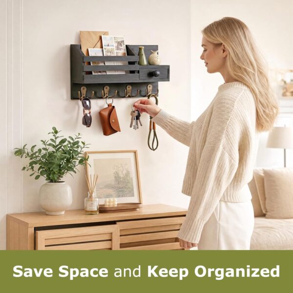 Key Holder Wall Mount, Wooden Key and Mail Organizer, Black | 2 Mount Options, Includes 8 Hooks, Fence Mail Slot, Small Drawer and Shelf, for Entryway, Hallway, Doorway, Living Room, RV 2