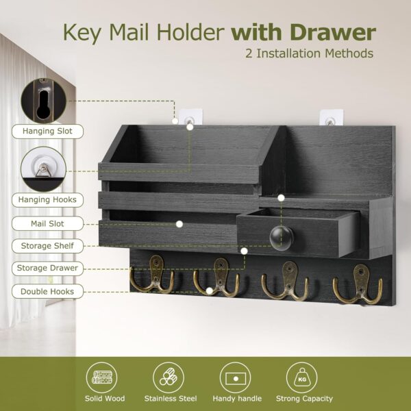 Key Holder Wall Mount, Wooden Key and Mail Organizer, Black | 2 Mount Options, Includes 8 Hooks, Fence Mail Slot, Small Drawer and Shelf, for Entryway, Hallway, Doorway, Living Room, RV 3